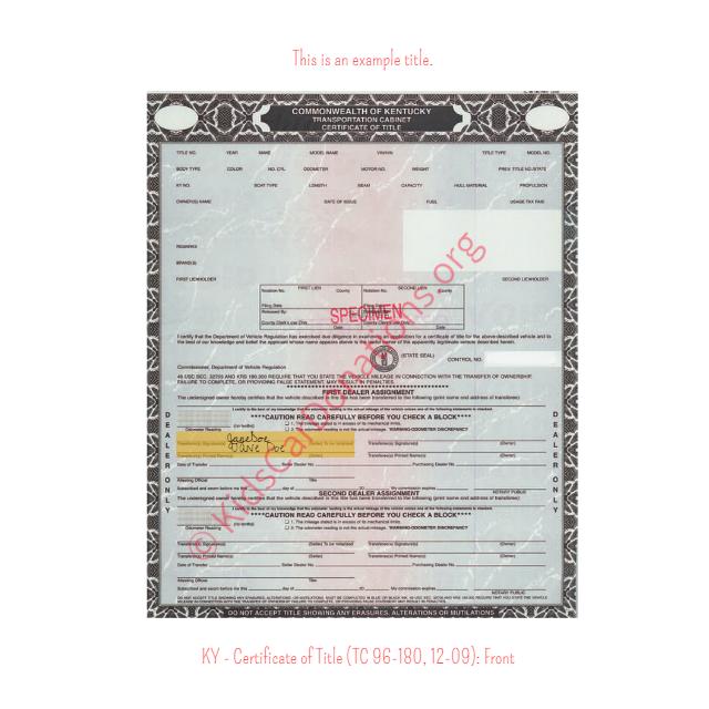 This is an Example of Kentucky Certificate of Title (TC 96-180, 12-09) Front View | Kids Car Donations